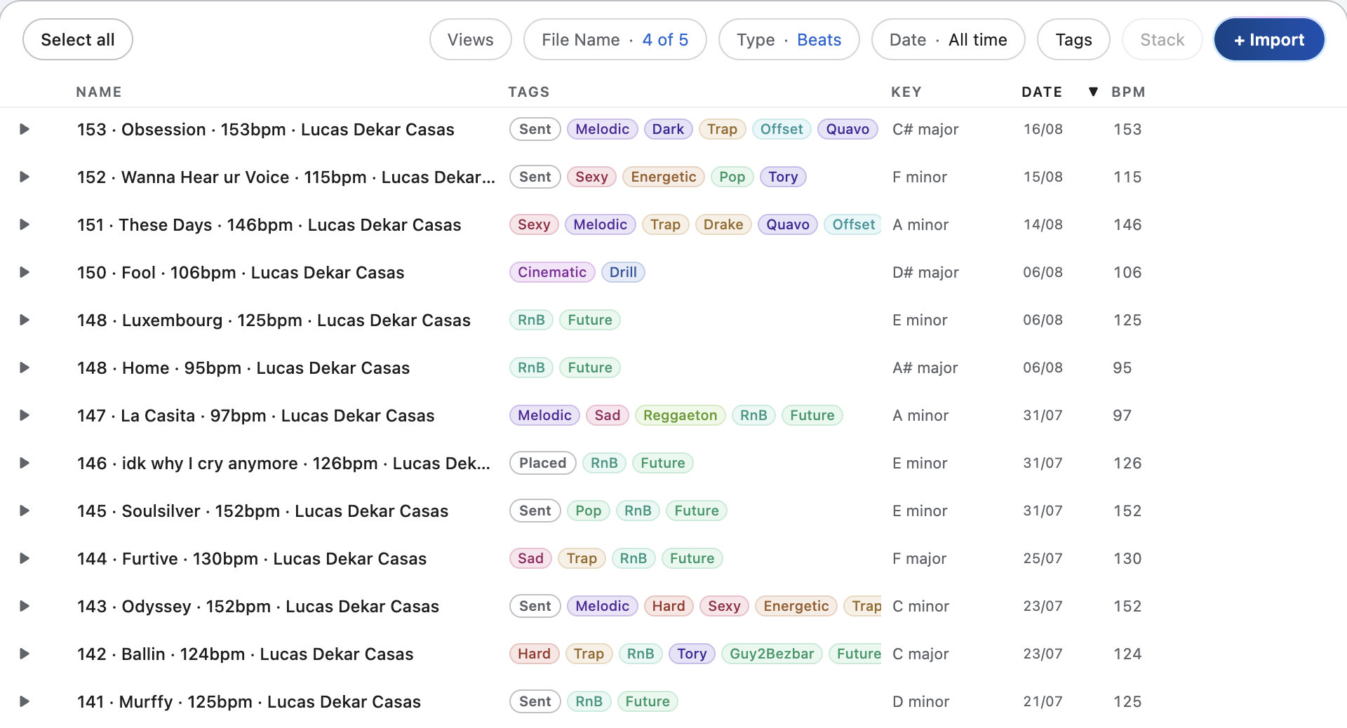 The Grind library: every beat with its tags, key, date and tempo, in the folders they already sit in.