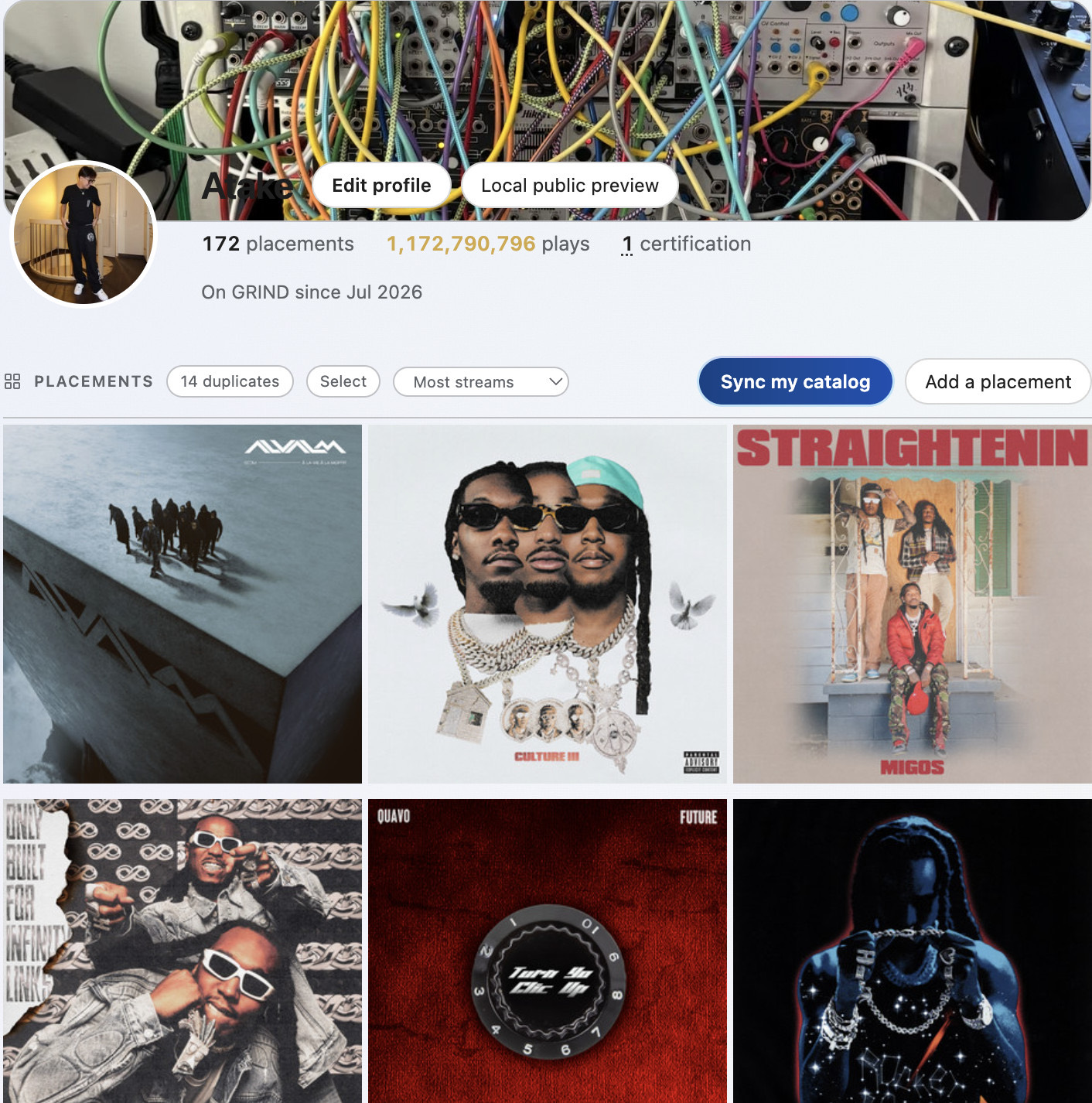 A producer profile in Grind: placements, plays and certifications over the covers of the releases.