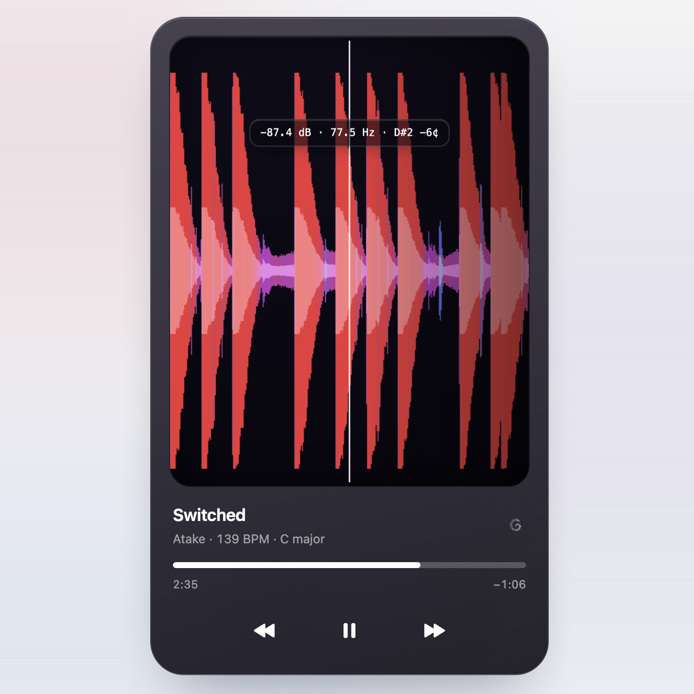 The Grind visualizer: a beat playing as a vertical waveform, with its title, tempo and key.