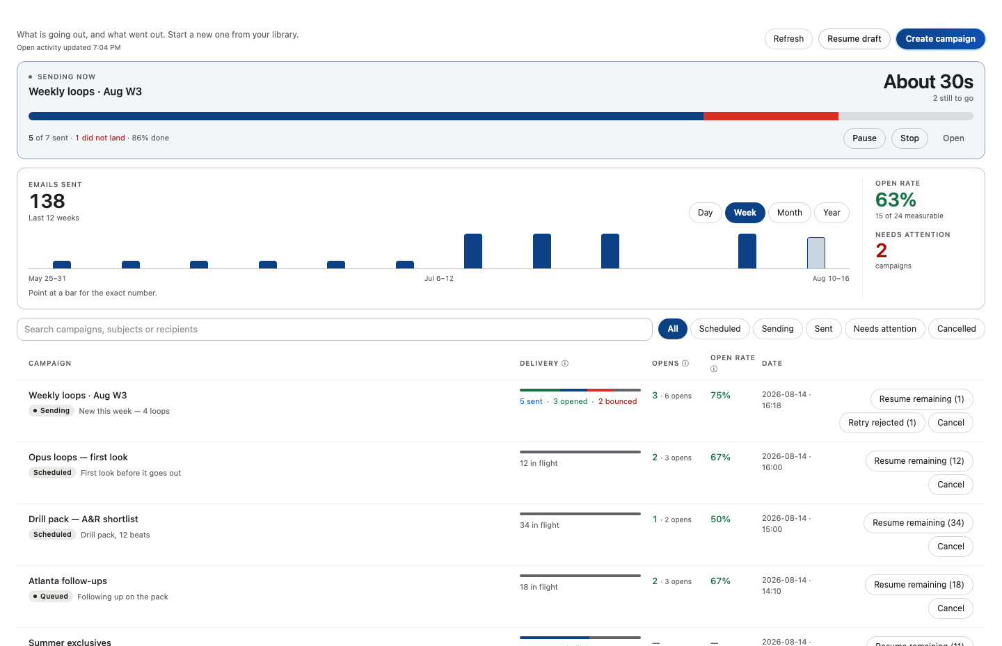The campaigns view: sends, opens and bounces per campaign.