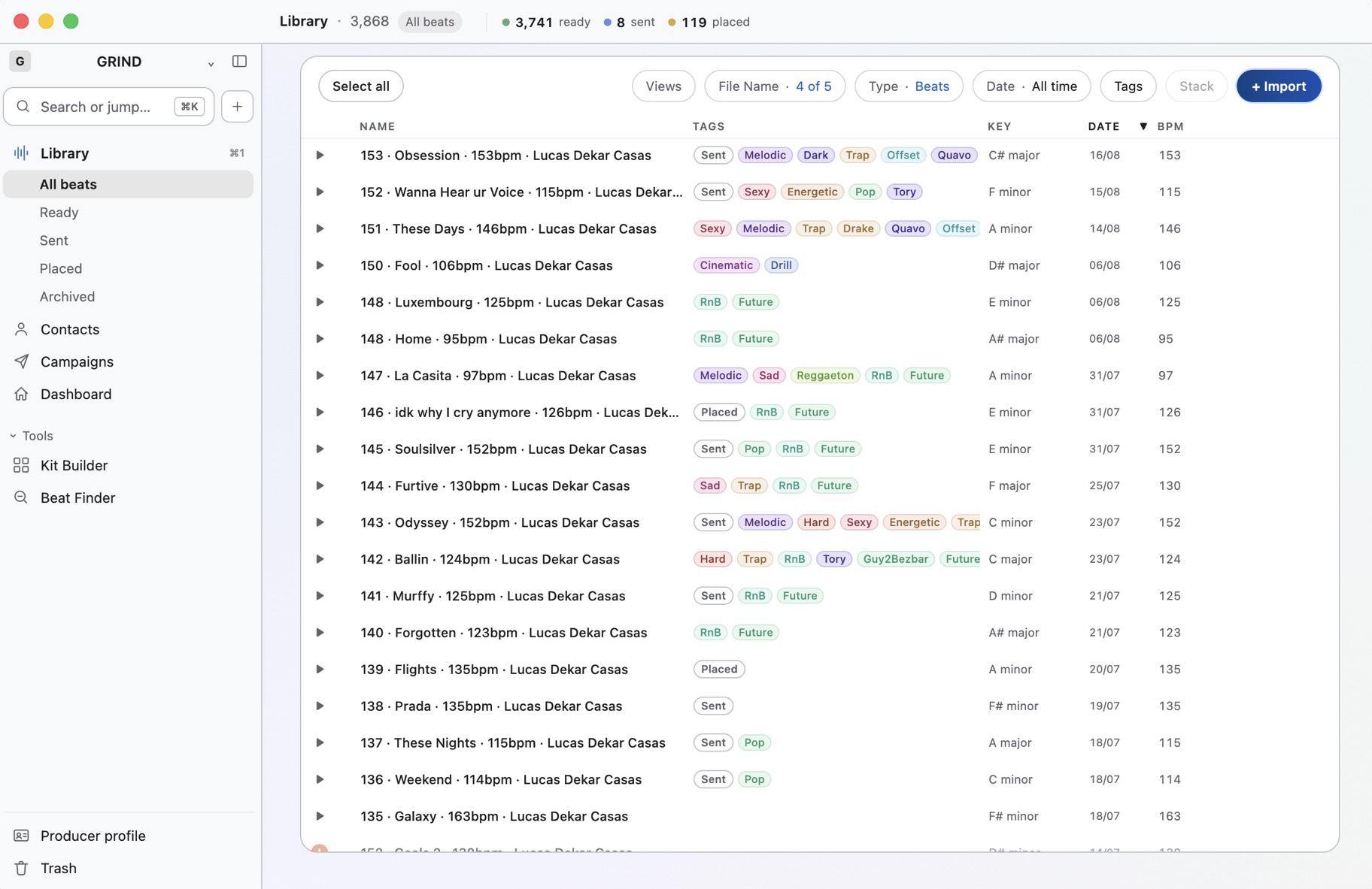 The Grind library: every beat with its tags, key, date and tempo.