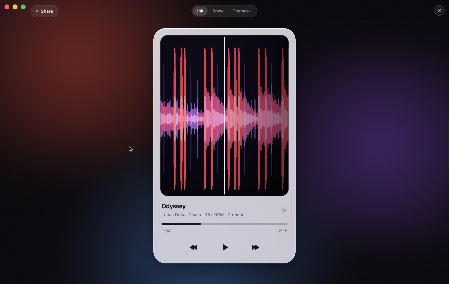 The Grind vertical visualizer: the waveform of Odyssey, its tempo and key, and the transport.