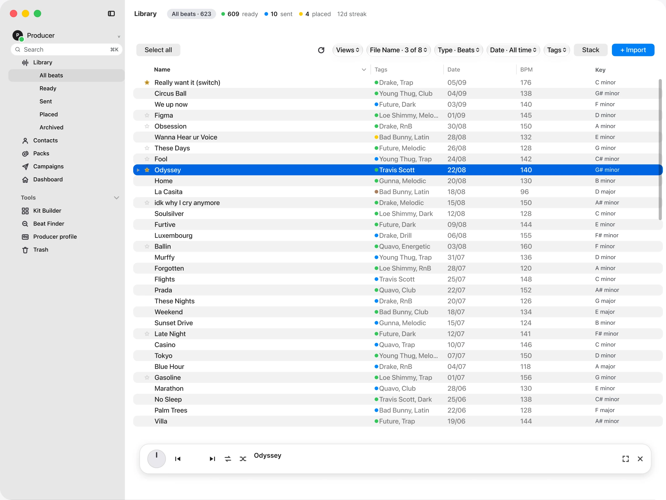 The Grind library on macOS: 623 beats grouped by month, each with its tags, its key, its date and its tempo.