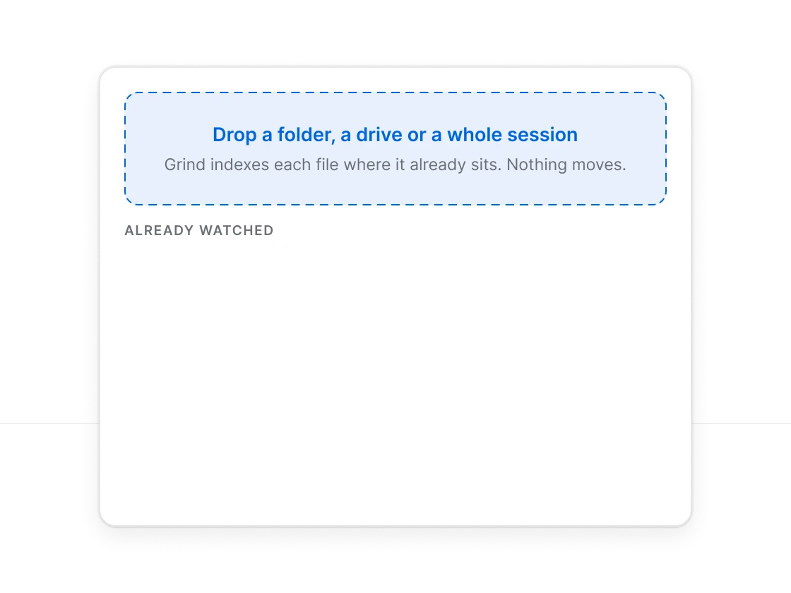 A folder dragged from the Finder into Grind, read, then listed with its 214 beats beside the folders already watched.
