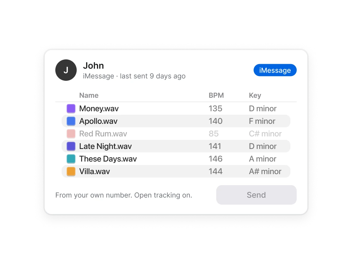 Three sound files picked in a Finder list for John, sent by iMessage, and marked Sent.