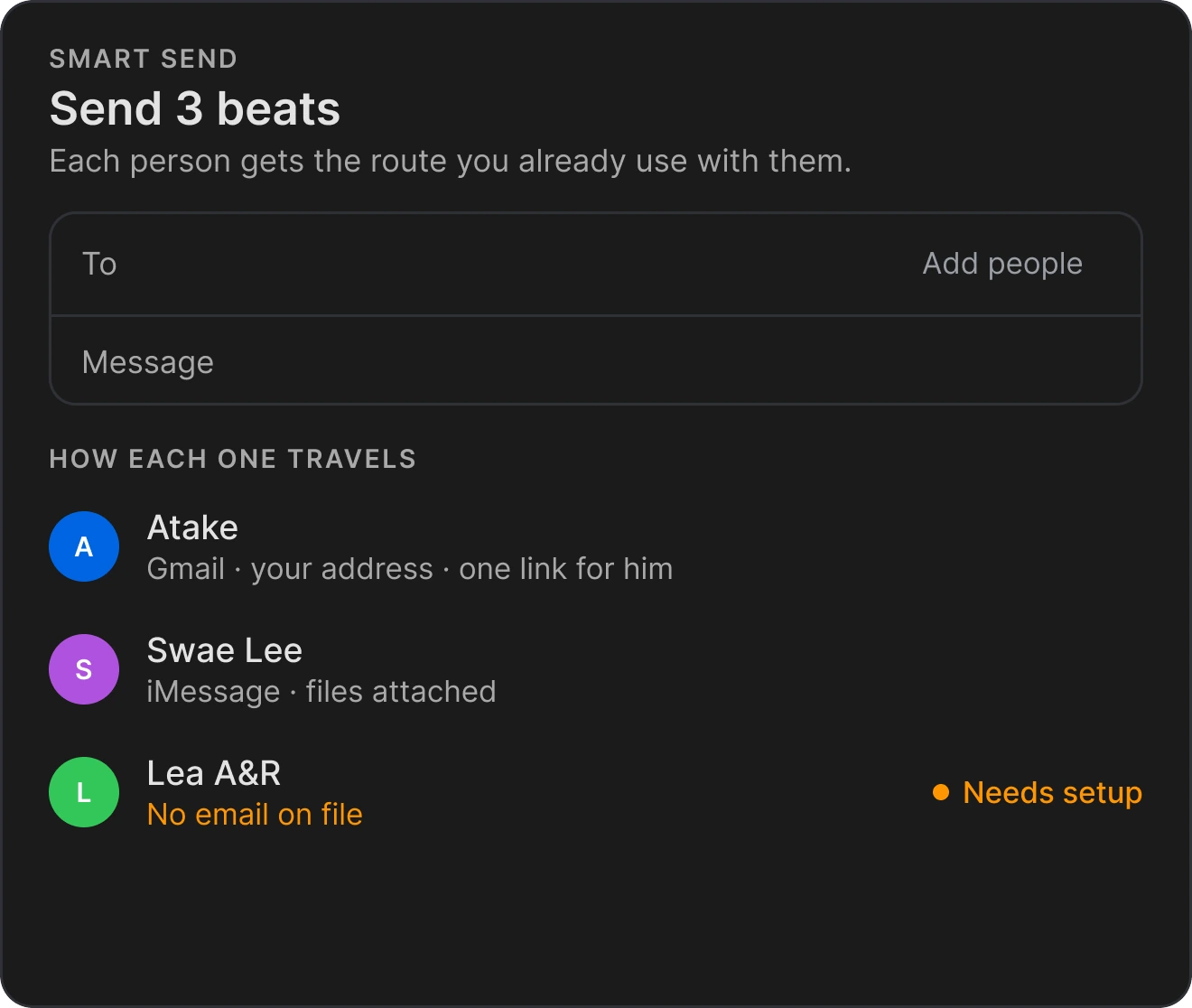 Smart Send in Grind: three beats to Atake, Swae Lee and Lea A&R, each by their own route.