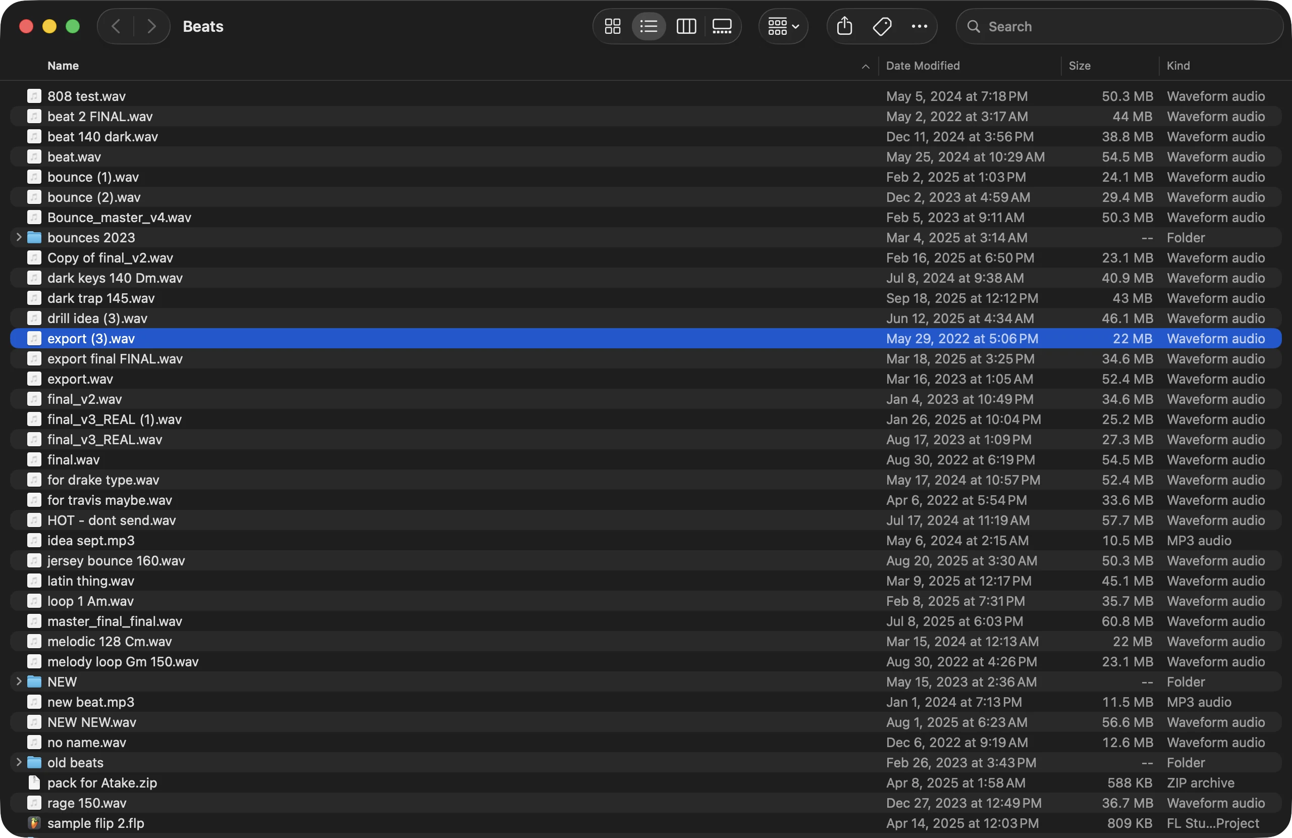 Your folders today: a Finder folder of files named final, final_v2, final_v3_REAL, bounce (1) and export final FINAL.